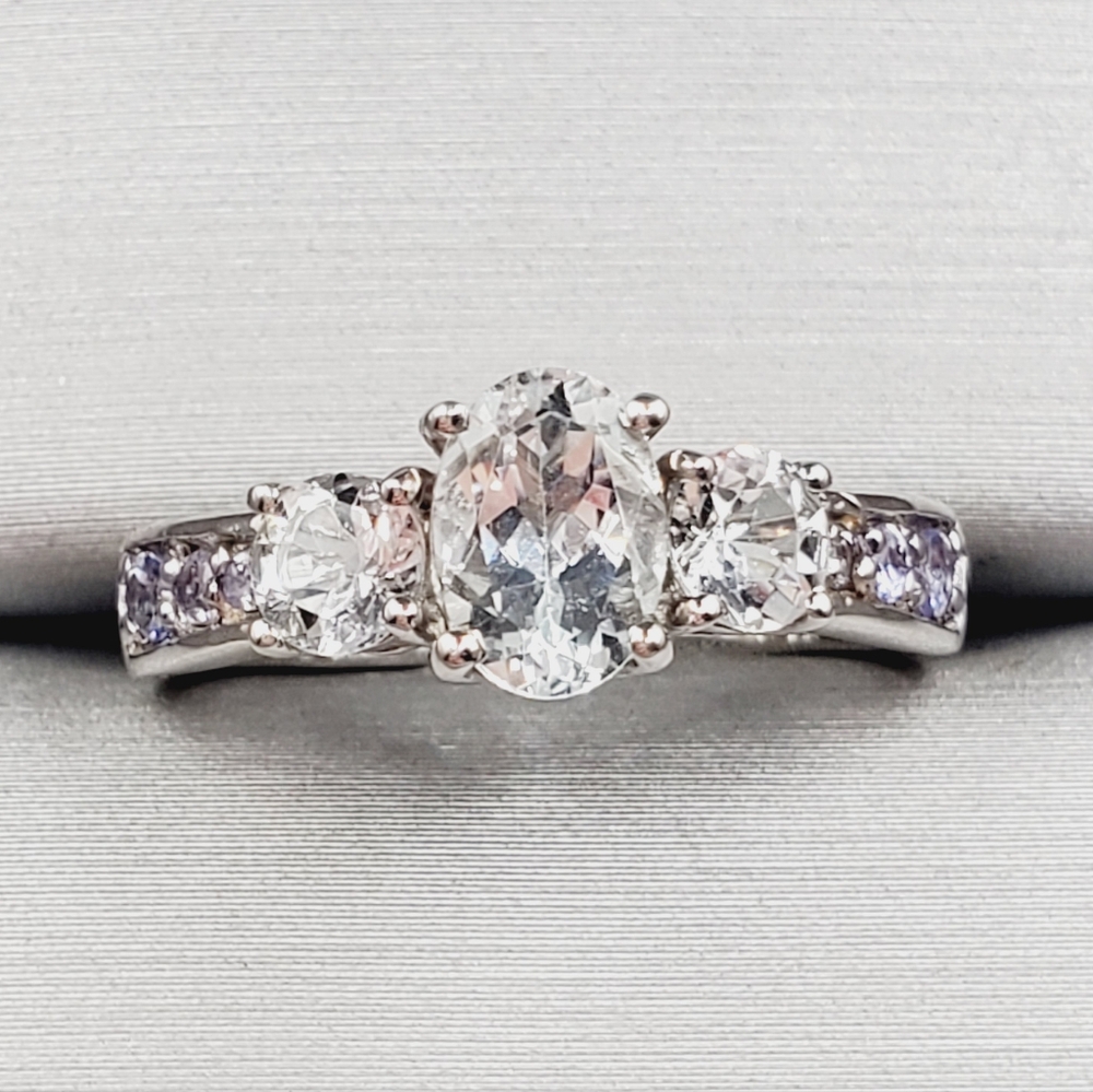 Oval Three Stone Goshenite & Tanzanite 925 Sterling Silver Ring